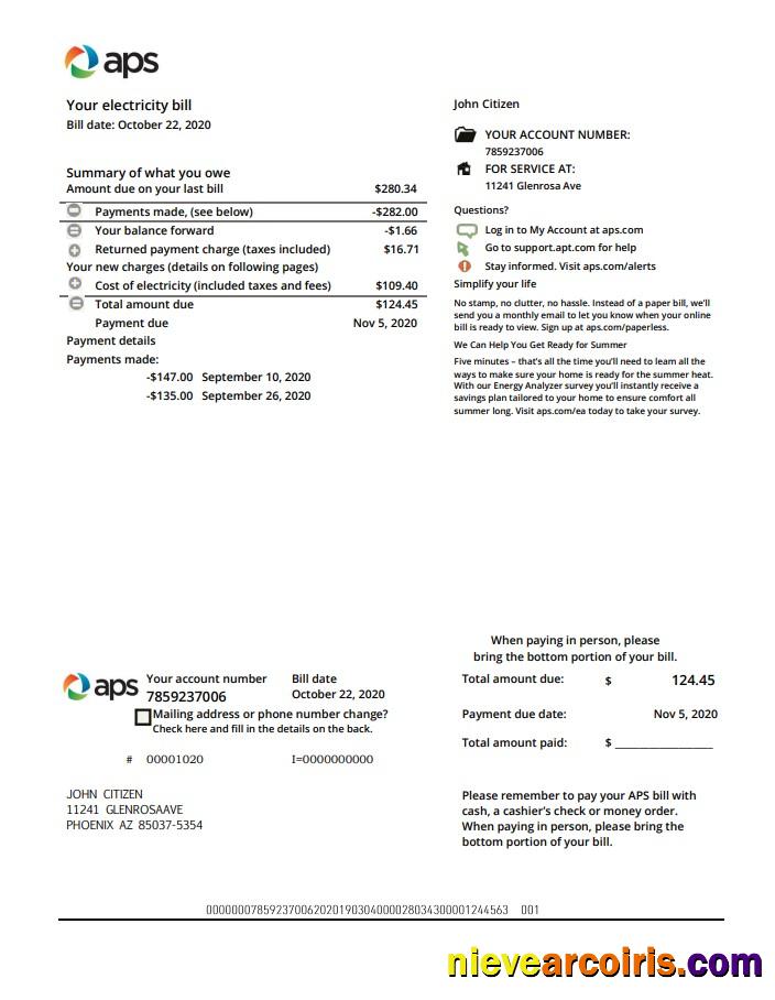 USA Arizona APS electricity proof of address utility bill